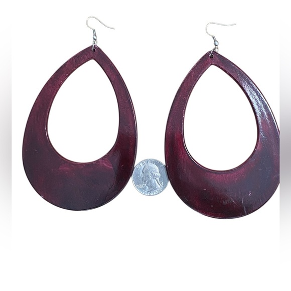 Elegant Burgundy Teardrop Lightweight Wood Statement Earrings - Picture 2 of 2
